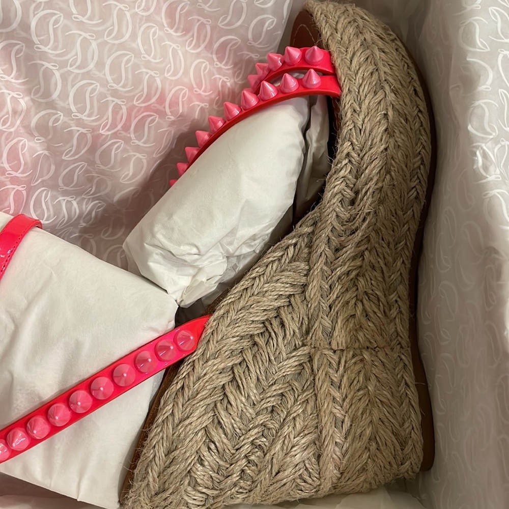 Christian louboutin mafaldina 120mm wedge espadrille pink neon sandal sz 37 - Picture 14 of 15